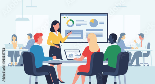 Diverse professionals in a modern office collaborate around a presentation screen