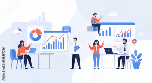 Diverse professionals collaborating on data analysis, presenting charts and graphs in modern office setting
