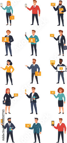 Business people hold various gadgets while standing in a clear row.