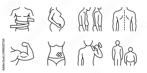 Fitness and body measurement icons. Weight control, body shapes, progress tracking and healthy lifestyle set. Editable strokes