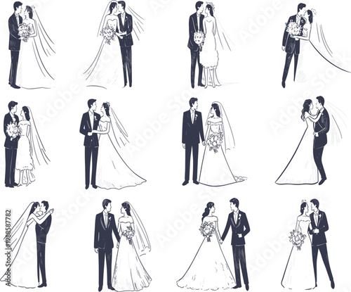 Canvas Print Hand drawn wedding couple sketch set with brides and grooms in various romantic