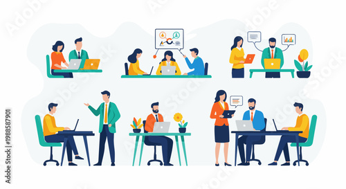 Diverse professionals collaborate at desks and a meeting table, using laptops and discussing data