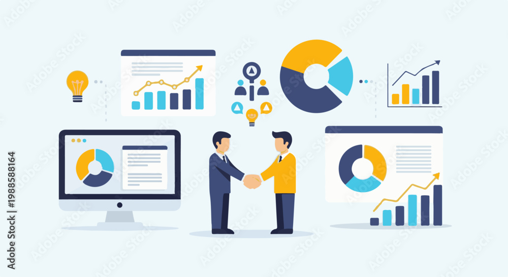 Naklejka premium Business professionals shake hands amidst charts, graphs, pie charts, and lightbulb icons