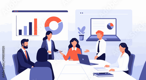 Professionals in a meeting presenting data and charts