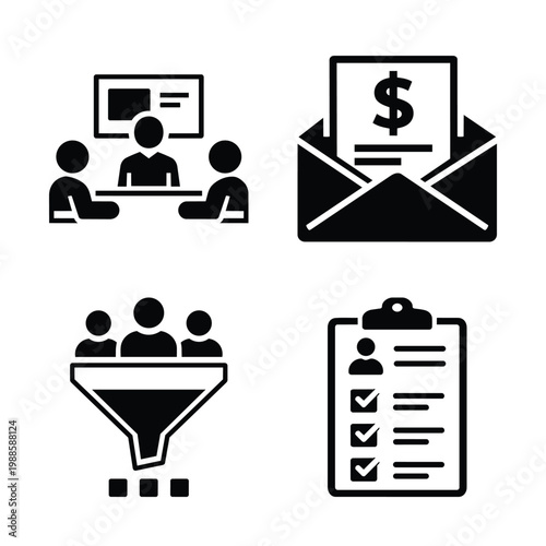 HR and Recruitment black and white vector icon set for HR and Recruitment interview payroll candidate filtering and applicant checklist