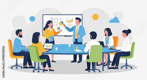 Diverse group in a meeting room, with a presenter and charts on a whiteboard