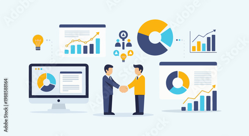 Business professionals shake hands amidst charts, graphs, pie charts, and lightbulb icons