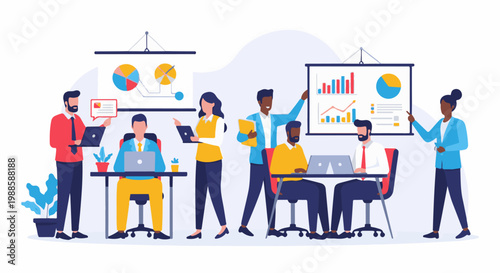 Diverse business team collaborating on data analysis and strategy