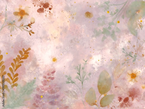 A delicate floral watercolor artwork, showcasing a soft and artistic composition. Delicate flowers and leaves are gracefully arranged.