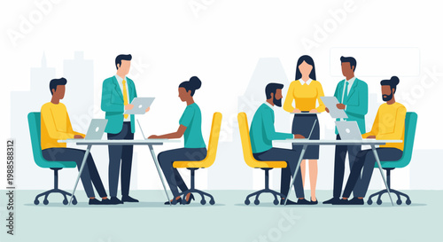 Diverse professionals collaborating in a modern office setting, focused on tasks and discussion