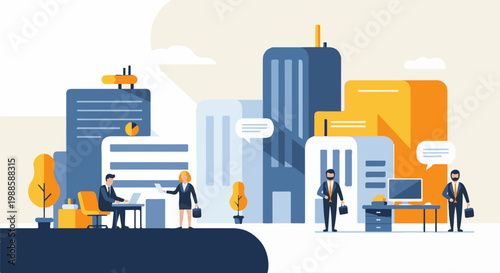 Business professionals collaborate amidst a stylized cityscape of modern architecture