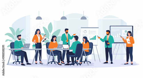 Diverse professionals collaborate and present data in a modern office meeting