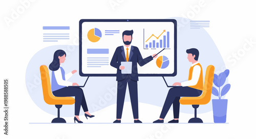 Business team meeting with a presenter discussing financial charts on a large screen