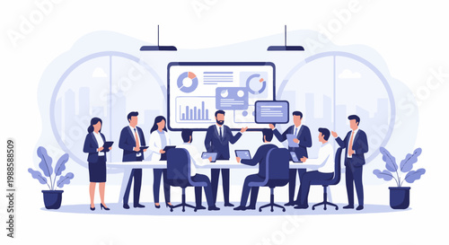 A business team collaborates in a modern office setting with data charts displayed on a large screen