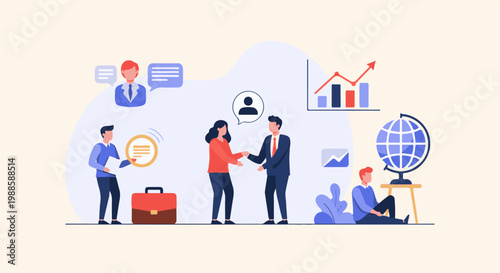 Diverse people collaborate with business elements, including charts and a globe