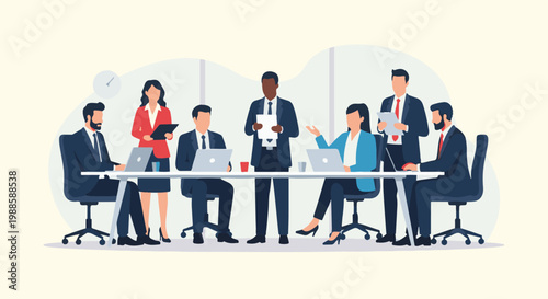 Diverse professionals collaborate at a table with laptops and papers