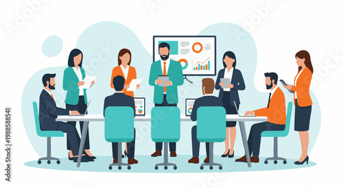 Business meeting with presentation and discussion around a table (1)