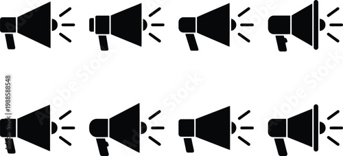 Eight Black Silhouette Megaphones Emitting Sound Waves on a White Background loudspeaker bullhorn