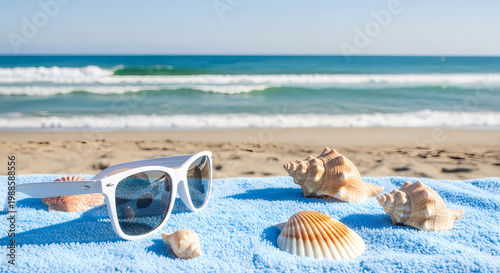 Relaxing Beach Scene with Sunglasses and Seashells Vector, illustration