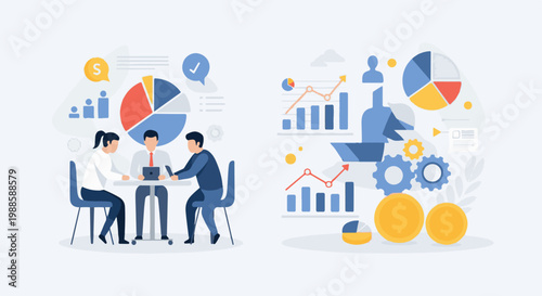 Diverse business teams collaborate on data analysis and financial growth strategies, illustrated with charts and coins
