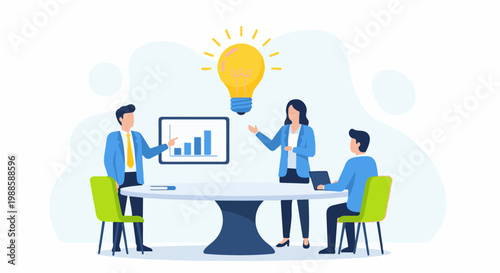 Three people collaborate on a business idea, with a chart and lightbulb