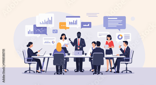 Business meeting with diverse professionals discussing charts and data in a modern office