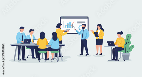 A group of professionals in a modern meeting room collaborate around a presentation screen and laptops
