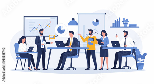 A team of professionals collaborate in a modern office, reviewing data and charts on screens and laptops