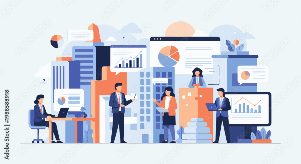 Obraz premium Modern business team collaborates on data analysis and strategy presentation in a vibrant office setting