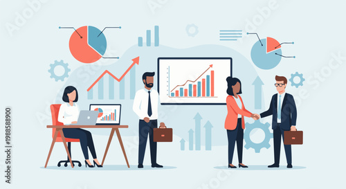 Diverse professionals collaborate on business growth, analyzing charts and graphs with determination and success