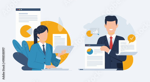 Professionals in business attire analyze data and documents