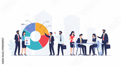 Diverse professionals collaborate around a colorful pie chart, discussing data at a modern office