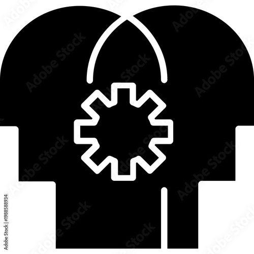 A human head with a gear icon in flat style, viewed from a side angle, representing critical thinking, mental processes, and problem-solving.
