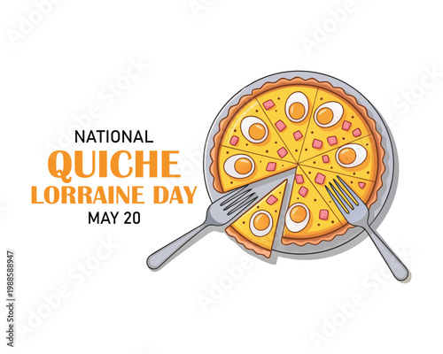National Quiche Lorraine Day celebration slice with fork isolated on background.