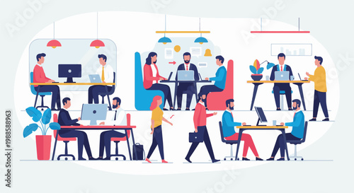 A bustling modern office with diverse individuals engaged in work activities