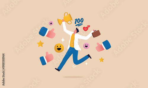 Happy Businessman Celebrating Success with Trophy Surrounded by Social Media Like Icons and Positive Reactions Illustration