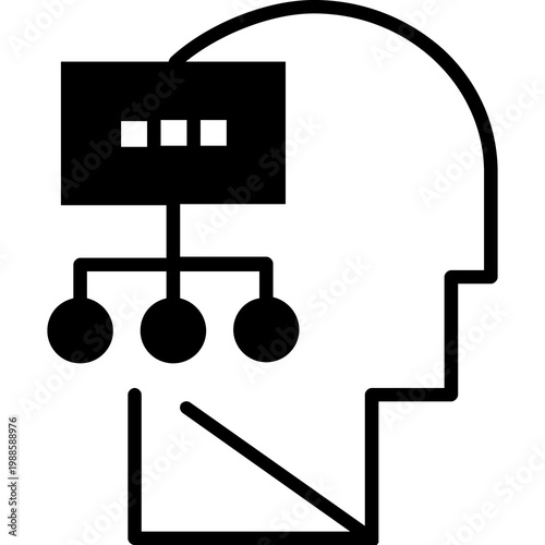 A human head with a flowchart icon in flat style, viewed from a side angle, representing strategic planning, systems thinking, and problem-solving.