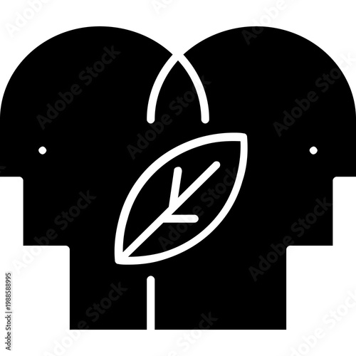 Two human heads with a leaf symbol in flat style, viewed from a side angle, representing eco awareness, sustainable thinking, and environmental collaboration.