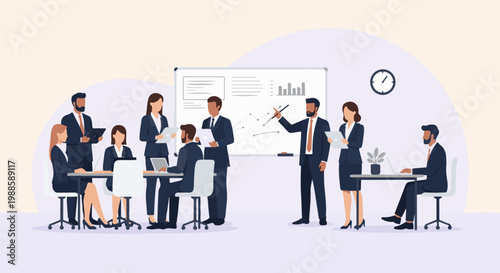 Business meeting with team analyzing data on whiteboard and laptops