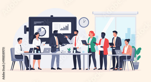 Diverse business professionals collaborate in a modern office, presenting data on screens and laptops