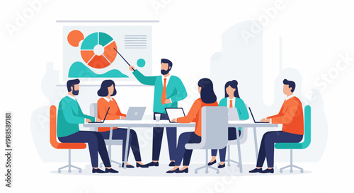 A group of professionals in a meeting, presenting data and collaborating on projects
