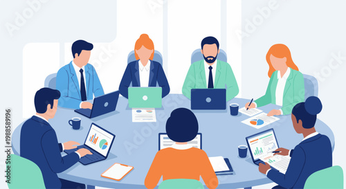 Diverse team collaborates at a round table, analyzing charts on laptops