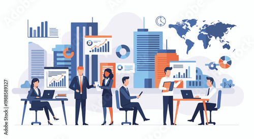Business professionals collaborate with data visualization and global maps in a modern office setting