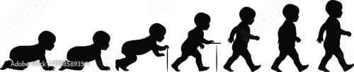 Baby growth silhouette set, infant crawling, toddler standing, child walking, human development stages, early childhood milestones vector graphic illustration elements.