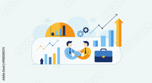 Business partners shake hands amid rising charts and growth indicators