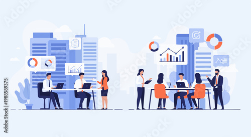 Diverse professionals collaborate in modern offices, reviewing charts and data for business growth and strategy