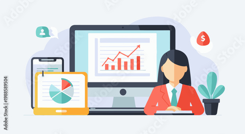 Woman analyzing business growth with charts on devices in an office setting