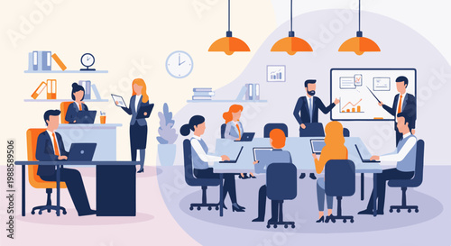 Colleagues collaborate in a bright office, with a presentation on a whiteboard and individual workspaces
