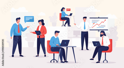 Diverse professionals collaborate and work on laptops in a modern office setting