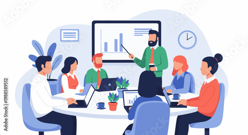 Diverse professionals gather around a table, with a presenter at a screen